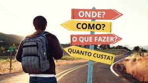 Pessoa com mochila parada em estrada rural, observando placas coloridas com perguntas sobre viagem: "Onde?", "Como?", "O que fazer?" e "Quanto custa?"